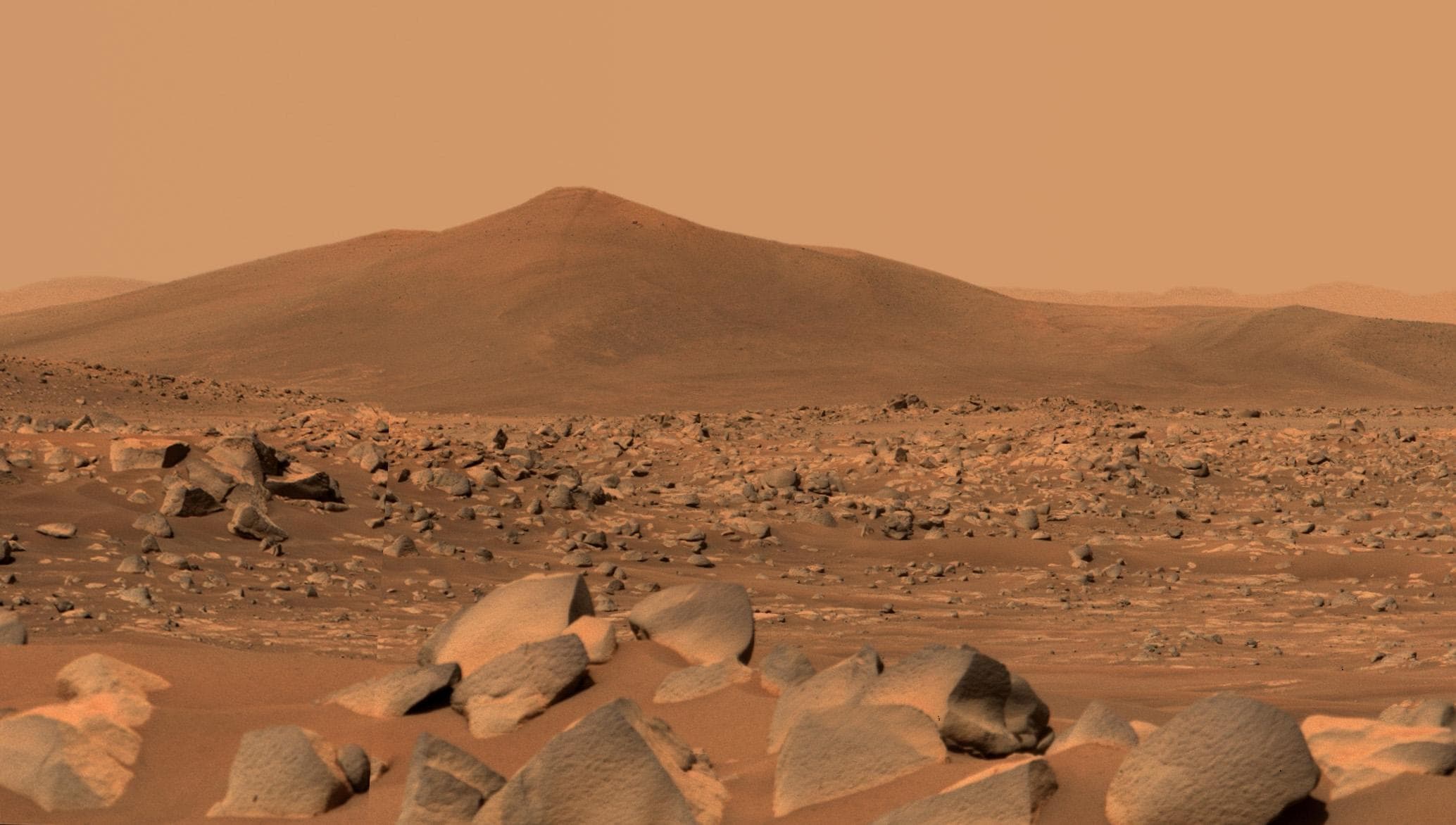 The rocky Martian landscape and Santa Cruz hill photographed by the Perseverance rover inside Jezero Crater