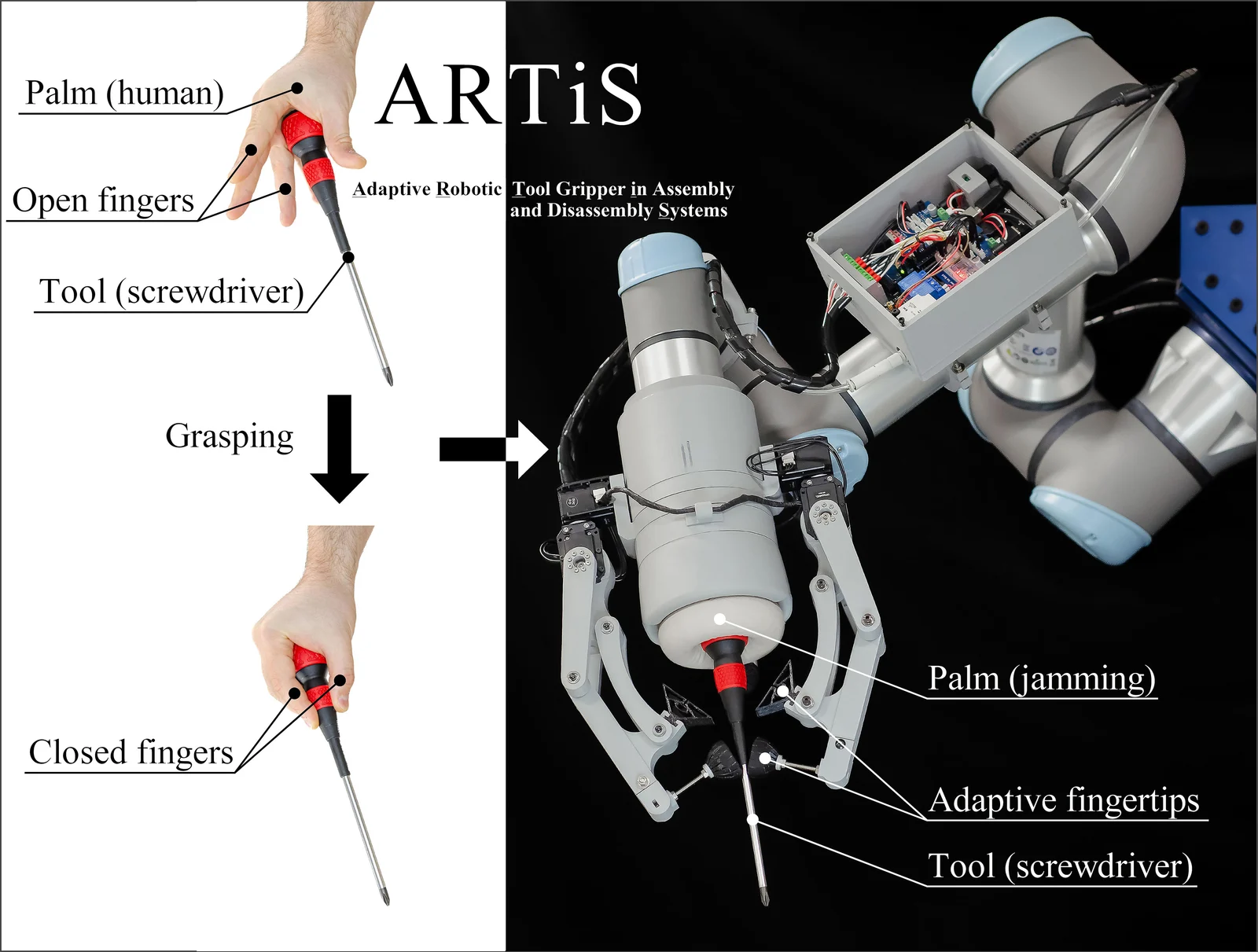 Composite showing a human hand grasping a screwdriver and the ARTiS robotic gripper holding the same type of tool with its jamming palm and adaptive fingers.