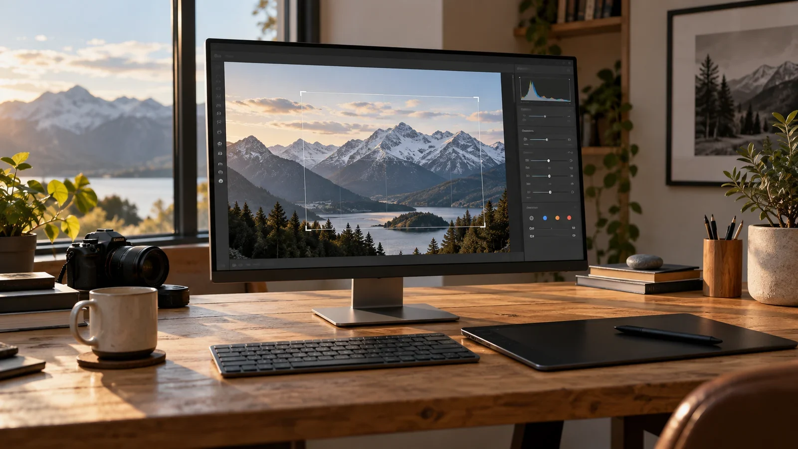 Editorial illustration of a creative workspace with a landscape photograph open in a generic image editor.