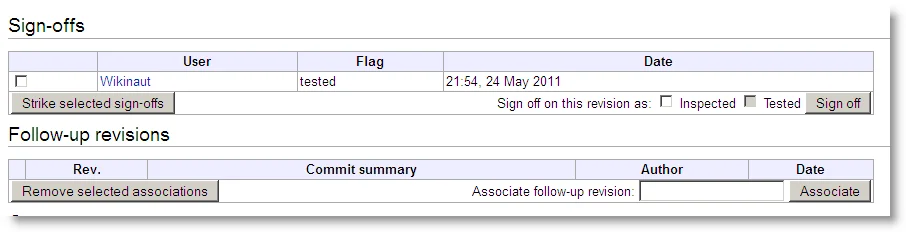 A MediaWiki code-review interface showing a tested sign-off and controls for associating follow-up revisions.