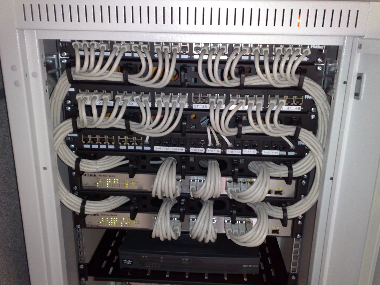 Rack-mounted Ethernet switches and patch panels connected by numerous white network cables.