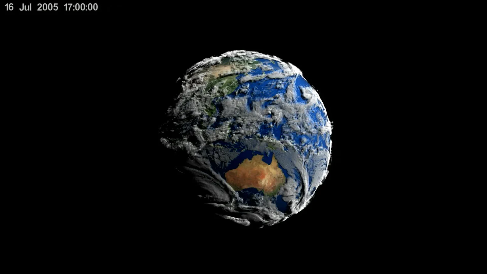 A NASA GEOS-5 simulation showing global atmospheric weather patterns over several days of simulated time