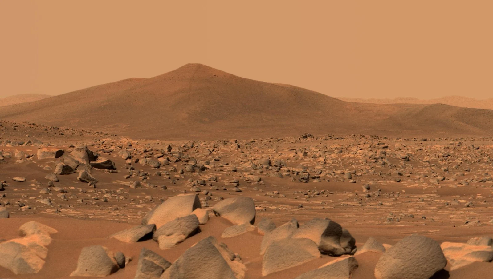 The rocky Martian landscape and Santa Cruz hill photographed by the Perseverance rover inside Jezero Crater