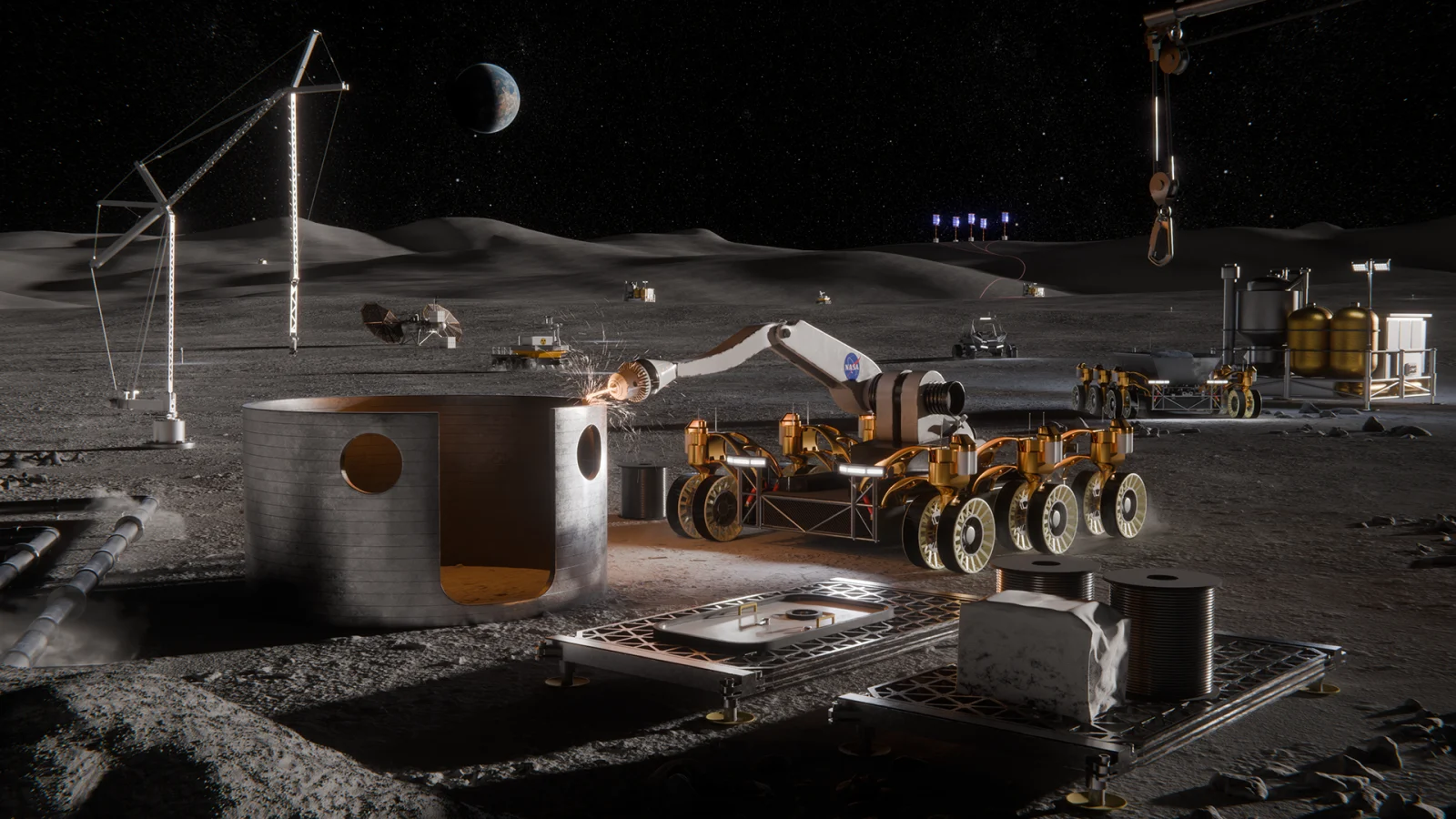 Concept illustration of robotic construction, power systems, resource-processing equipment and vehicles operating on the lunar surface