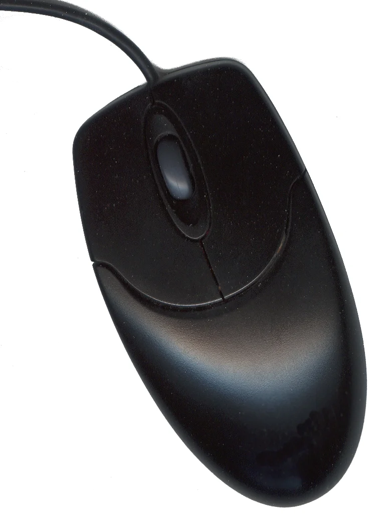 A wired computer mouse with a scroll wheel against a light background.