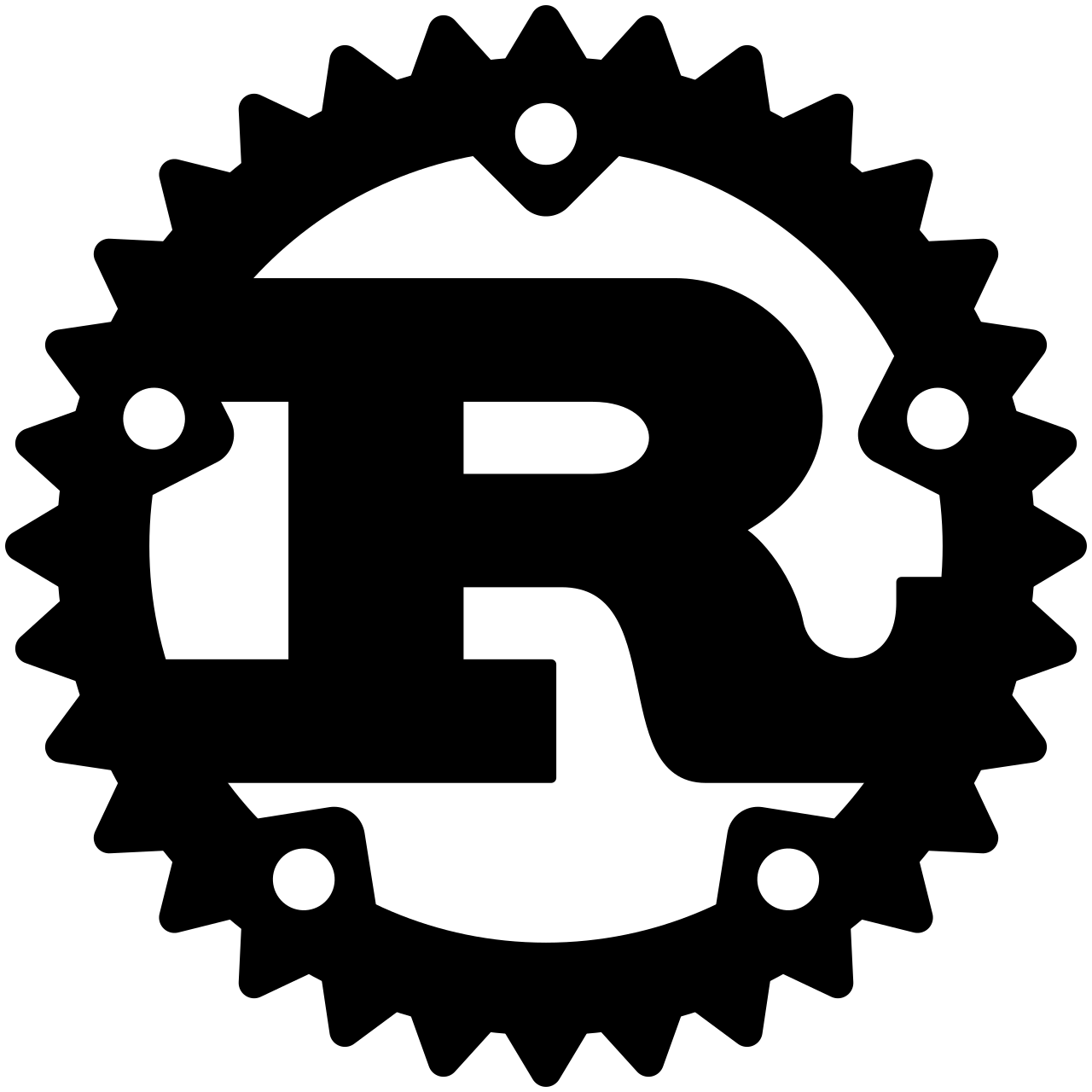 Black Rust programming language logo showing a capital R inside a gear.