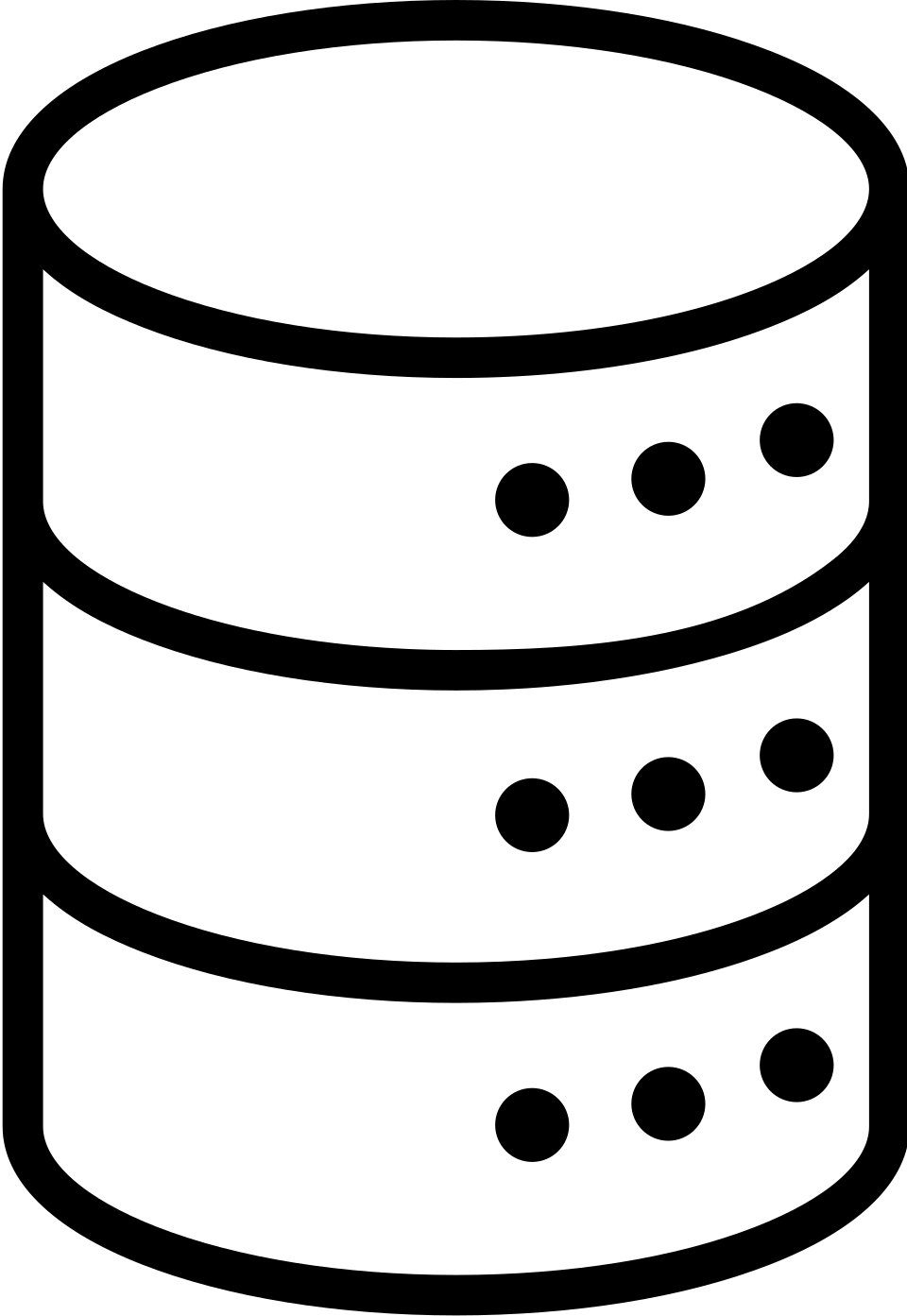 A black line icon showing three stacked cylindrical database tiers, each marked by three circular indicators.