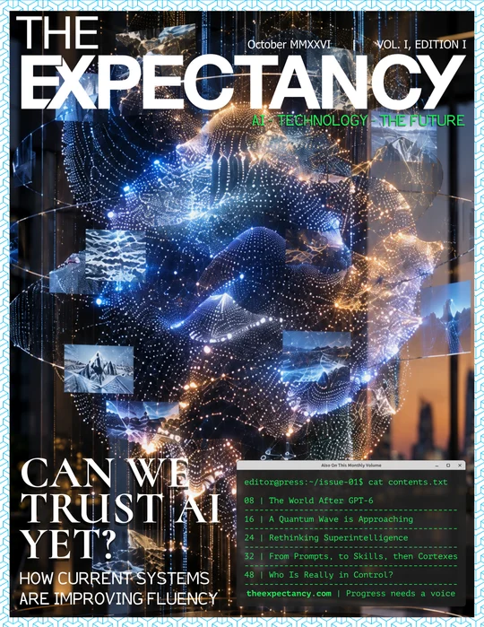 The Expectancy October 2026 cover: a luminous digital face, with the cover question Can we trust AI yet?